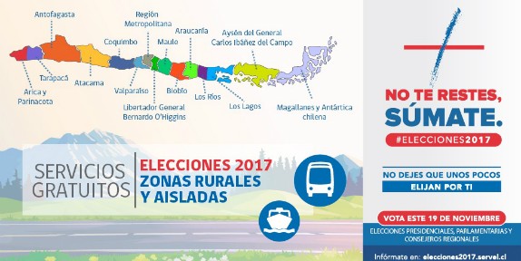 Mapa Chile con transporte subsidiado gratuito en elecciones